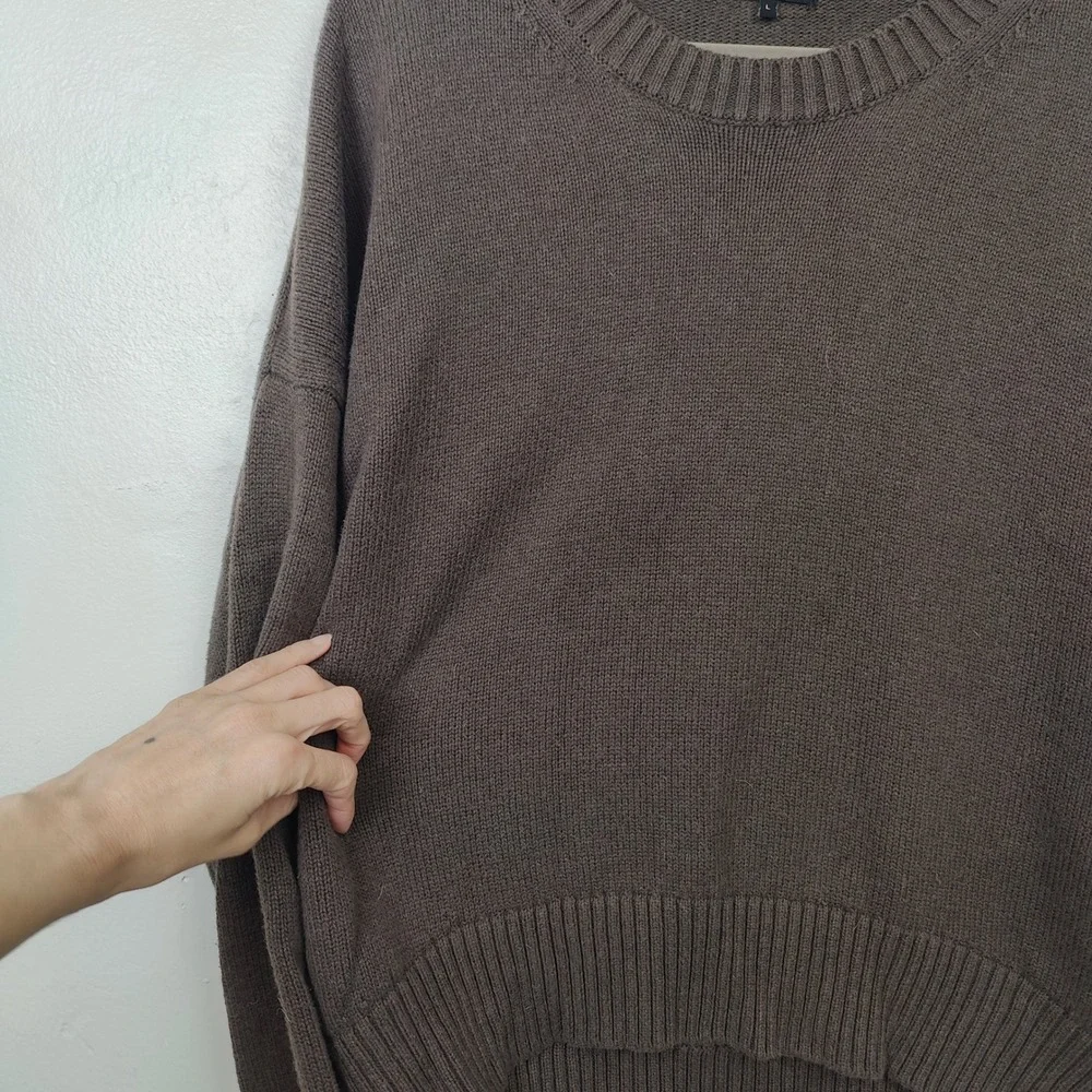 Quince Organic Cotton Boyfriend Crew Sweater Womens Large Brown Ribbed Oversized_3